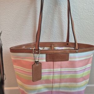 Coach Multicolor Striped Canvas Tote with Leather Trim